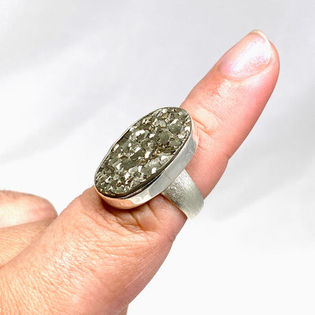 Pyrite Raw Oval Ring with Brushed Silver Band Size 8 KRGJ3193 - Nature's Magick