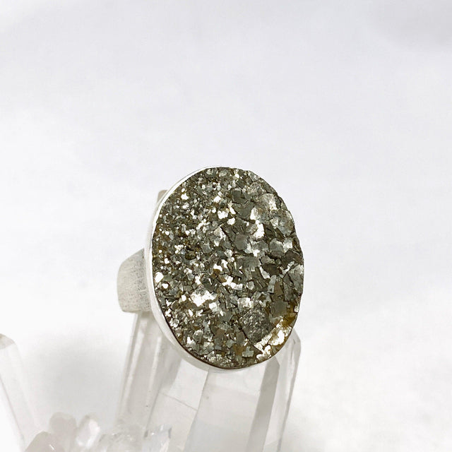 Pyrite Raw Oval Ring with Brushed Silver Band Size 9 KRGJ3194 - Nature's Magick