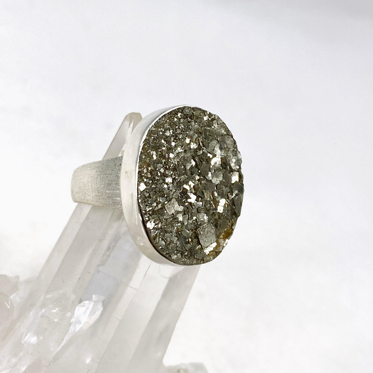 Pyrite Raw Oval Ring with Brushed Silver Band Size 9 KRGJ3194 - Nature's Magick