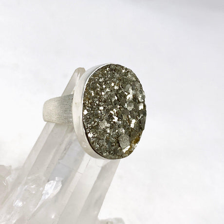 Pyrite Raw Oval Ring with Brushed Silver Band Size 9 KRGJ3194 - Nature's Magick