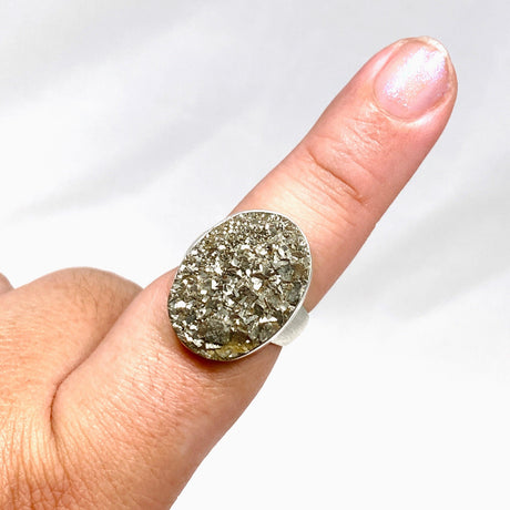 Pyrite Raw Oval Ring with Brushed Silver Band Size 9 KRGJ3194 - Nature's Magick