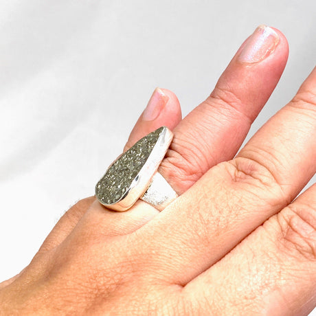 Pyrite Raw Teardrop Ring with Brushed Silver Band Size 10 KRGJ3192 - Nature's Magick