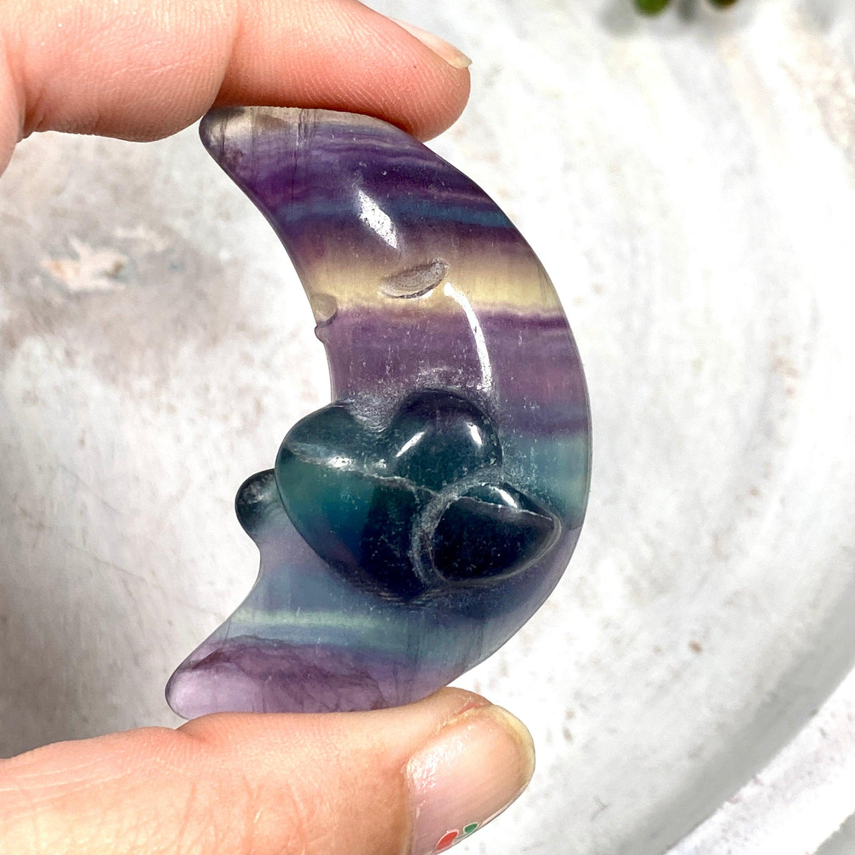 Rainbow Fluorite Moon with heart carving - Nature's Magick