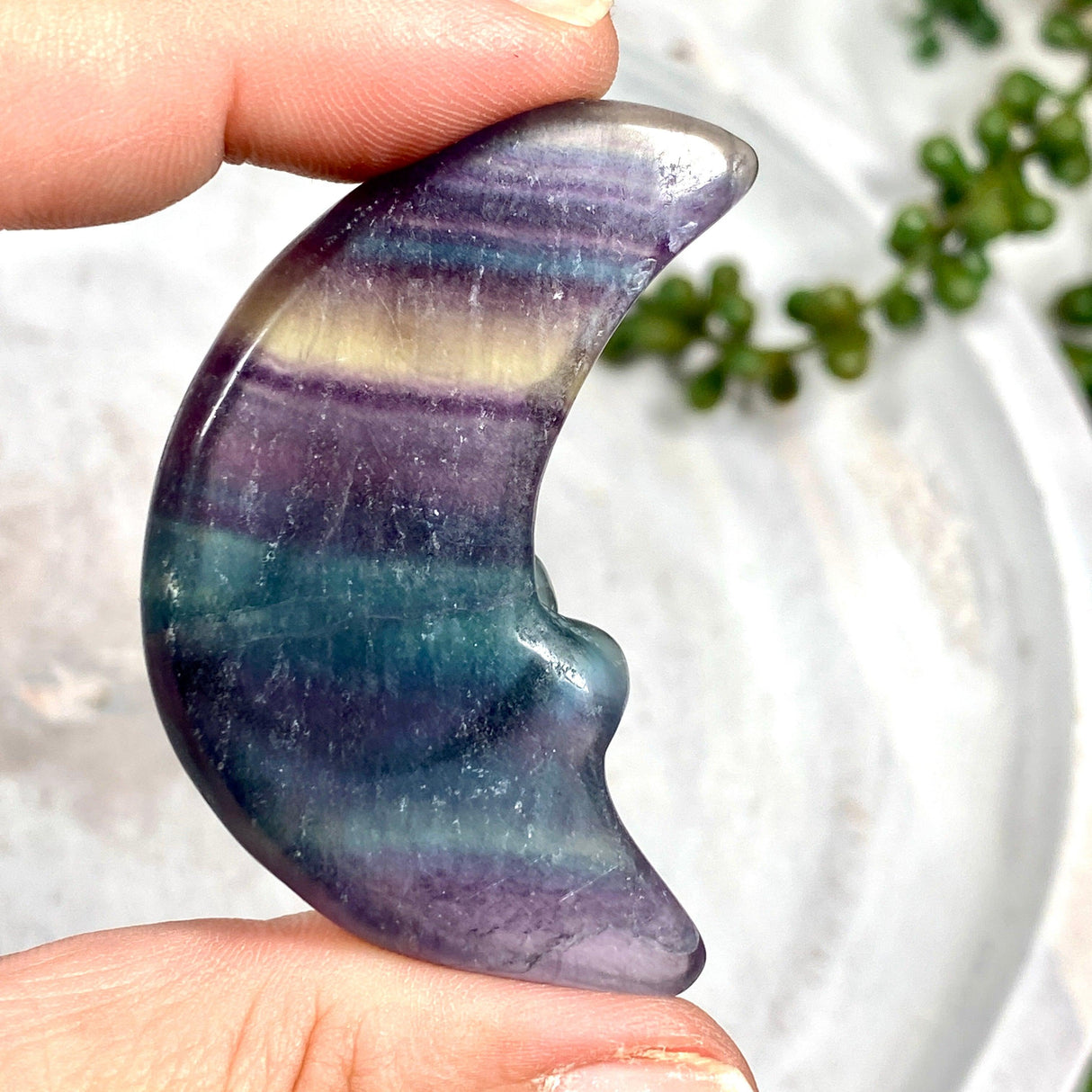 Rainbow Fluorite Moon with heart carving - Nature's Magick