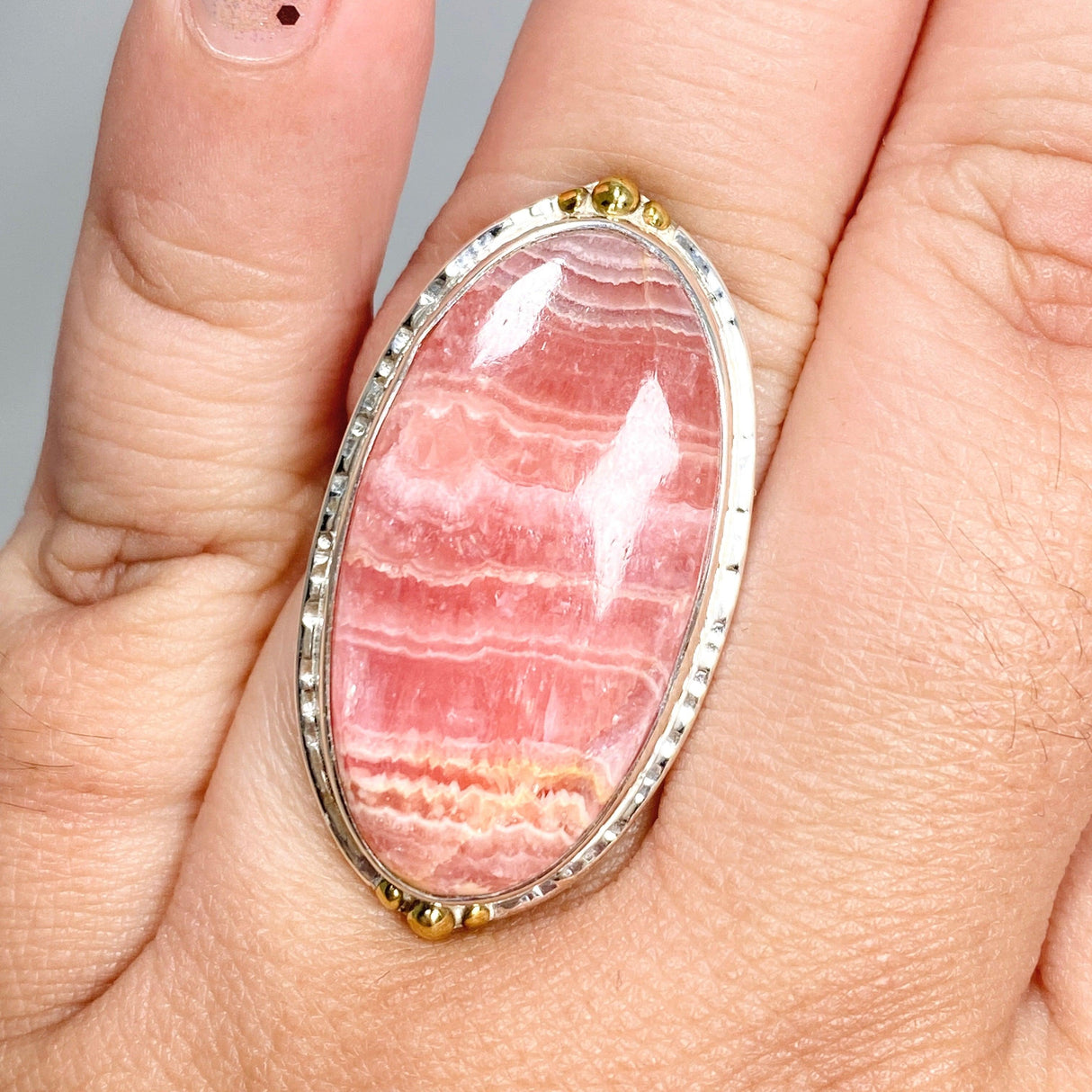 Rhodochrosite Oval Ring with Brass Accents Size 10 KRGJ3166 - Nature's Magick