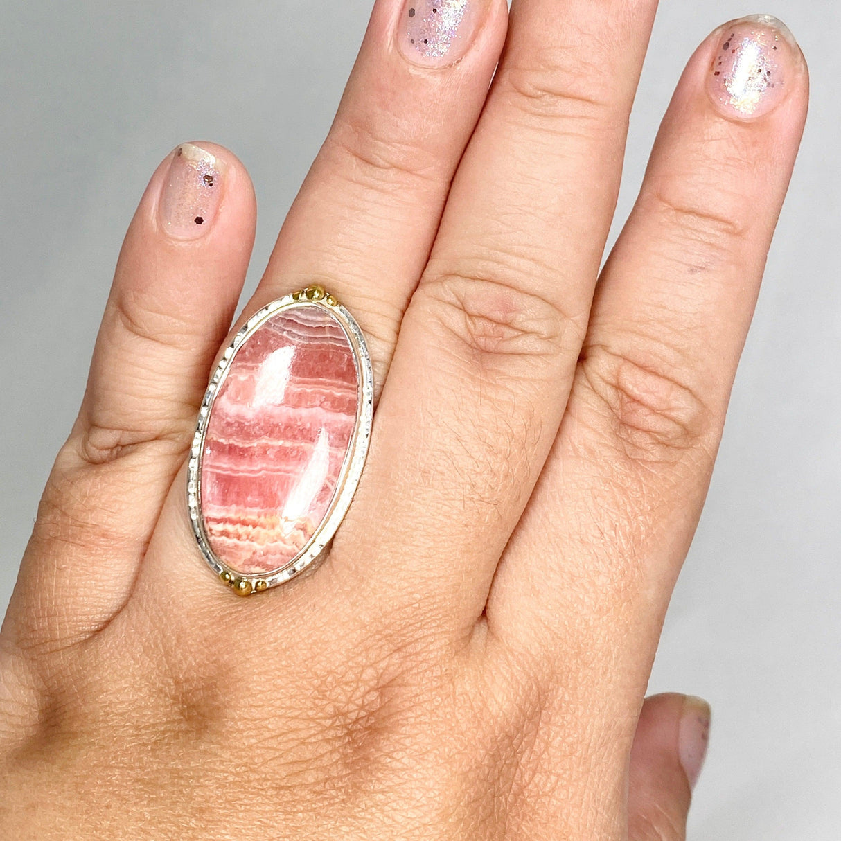 Rhodochrosite Oval Ring with Brass Accents Size 10 KRGJ3166 - Nature's Magick