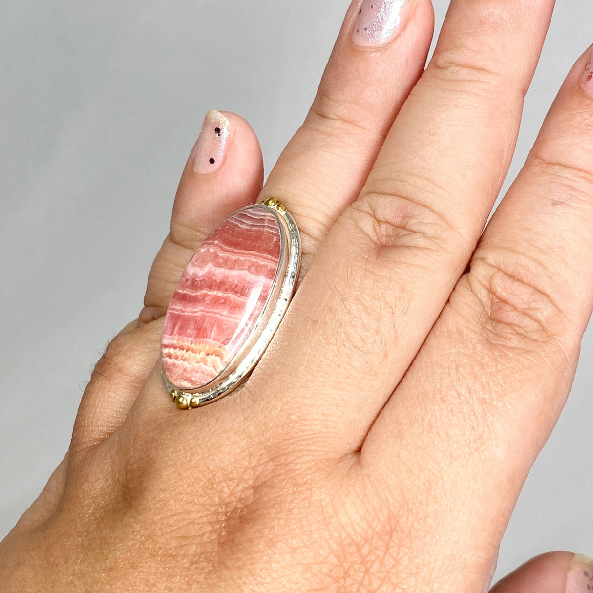 Rhodochrosite Oval Ring with Brass Accents Size 10 KRGJ3166 - Nature's Magick