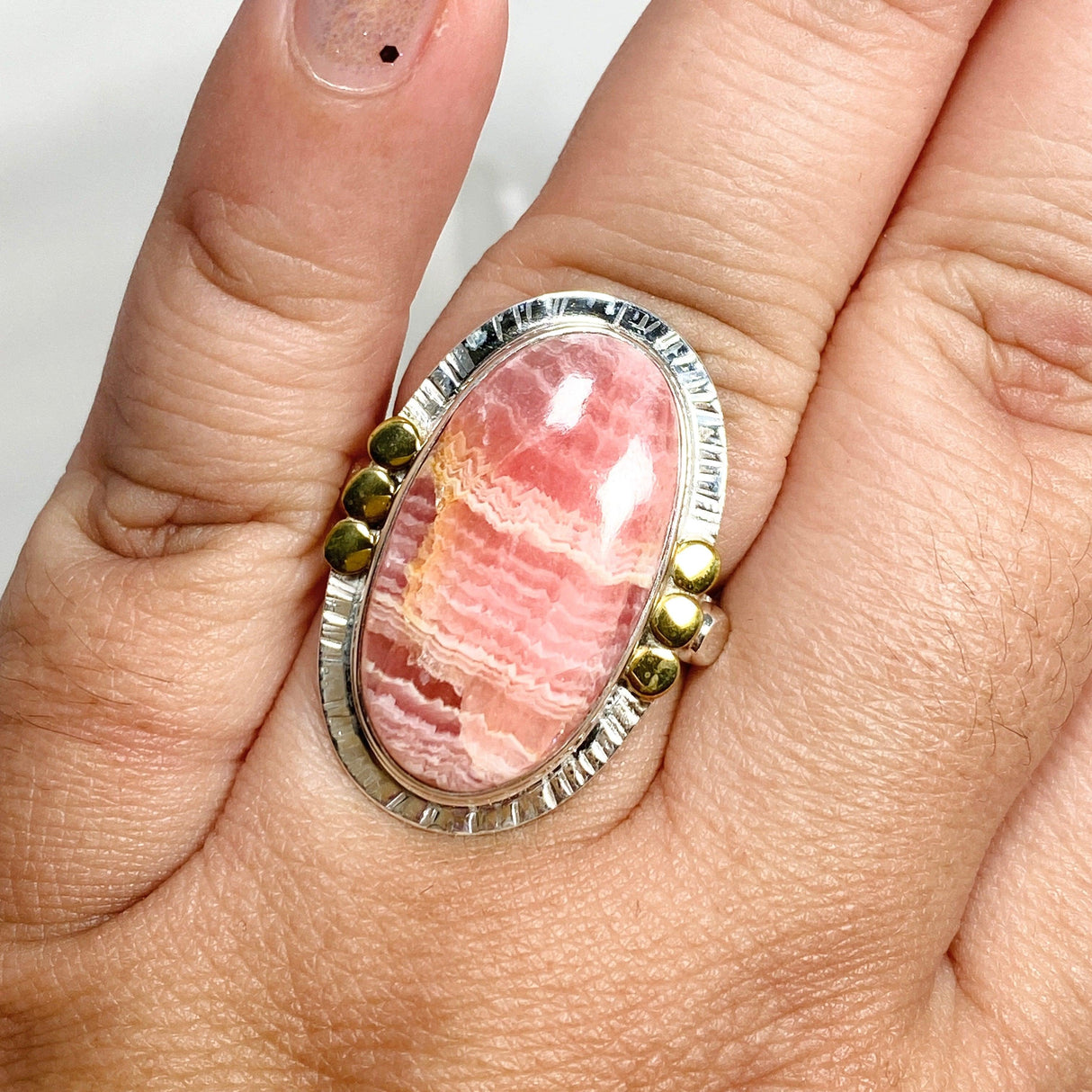 Rhodochrosite Oval Ring with Brass Accents Size 11 KRGJ3165 - Nature's Magick