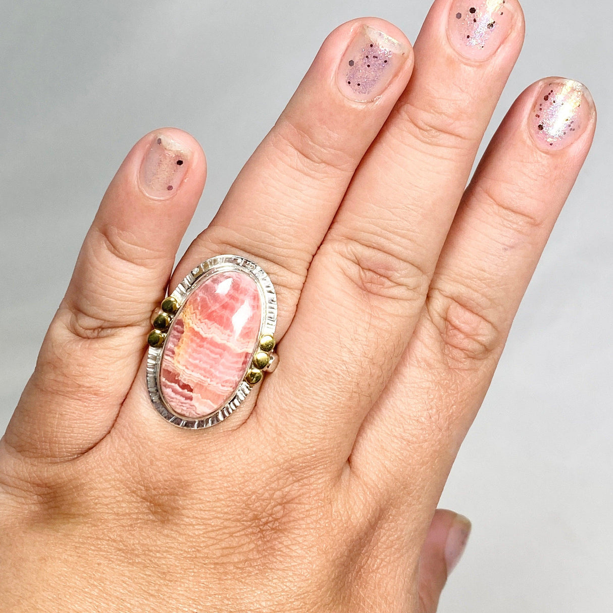 Rhodochrosite Oval Ring with Brass Accents Size 11 KRGJ3165 - Nature's Magick