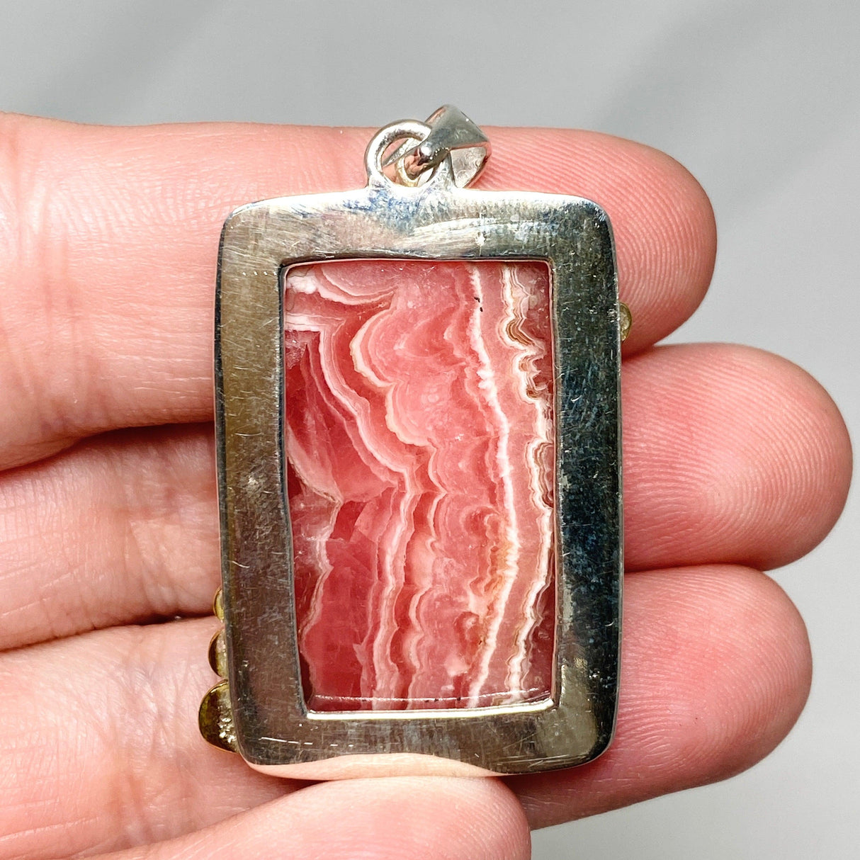 Rhodochrosite Rectangular Pendant with Brass Accents KPGJ4324 - Nature's Magick