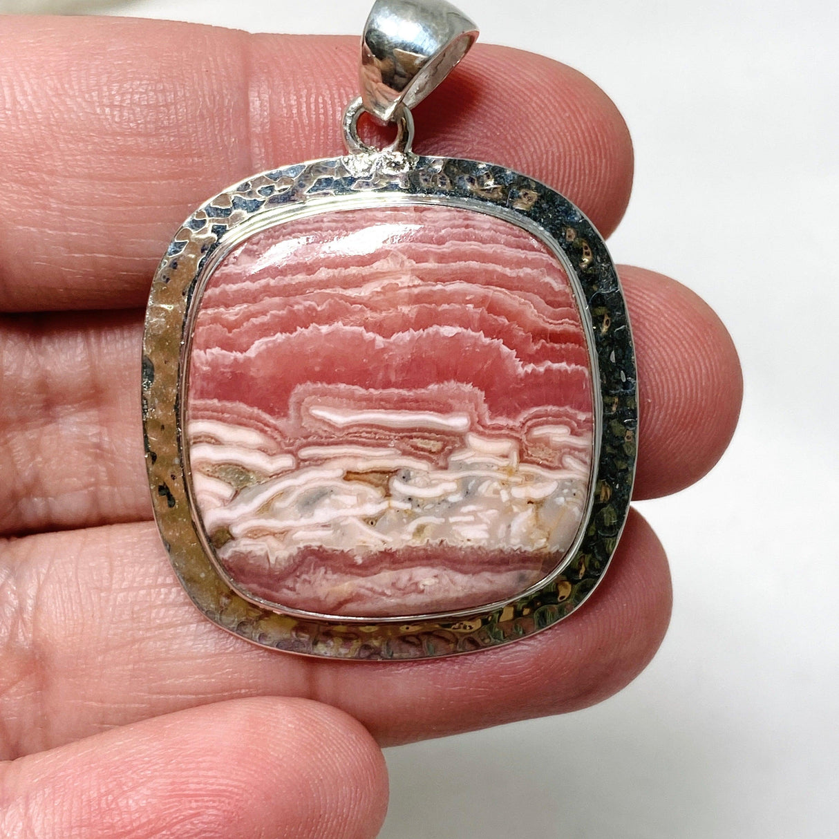 Rhodochrosite Square Pendant in a Hammered Setting KPGJ4322 - Nature's Magick