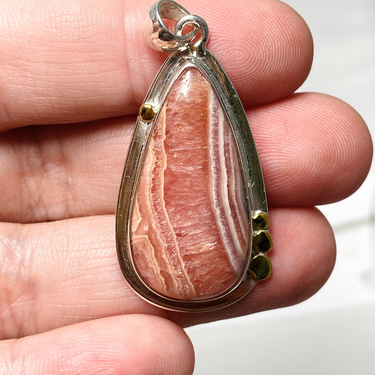 Rhodochrosite Teardrop Pendant with Brass Accents KPGJ4327 - Nature's Magick