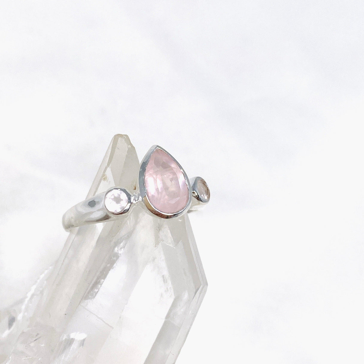 Rose Quartz Faceted Gemstone Teardrop Ring with Accent Stones R3668 - Nature's Magick