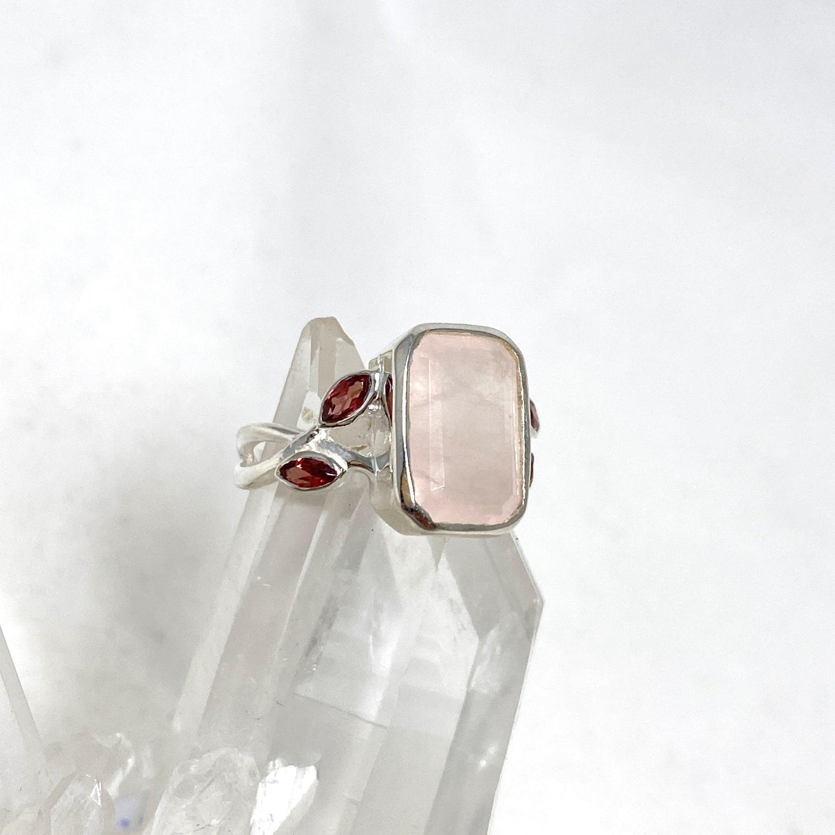 Rose Quartz Faceted Rectangular Multistone Ring with Botanical Details R3806 - Nature's Magick