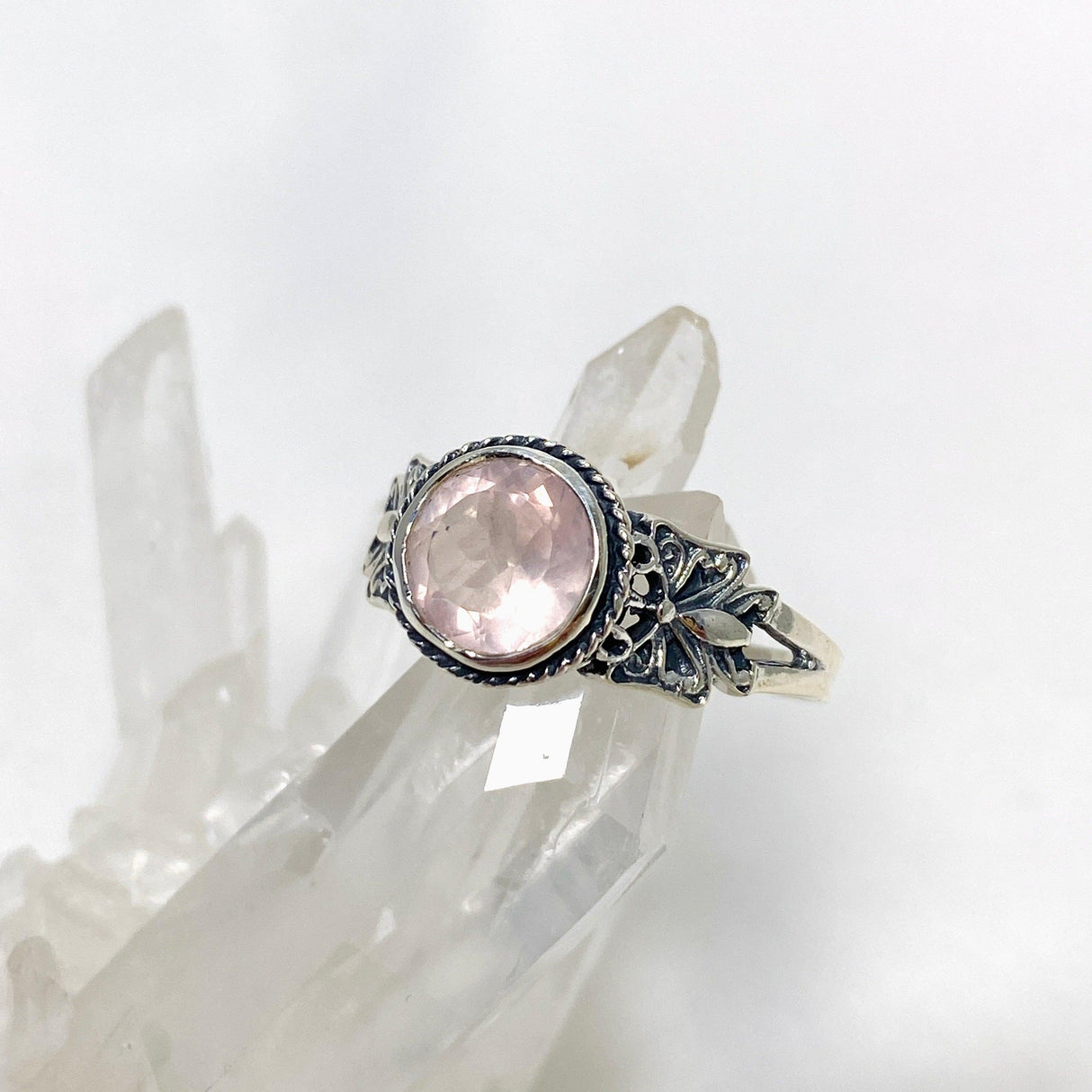 Rose Quartz Faceted Round Ring in a Decorative Setting R3671 - Nature's Magick