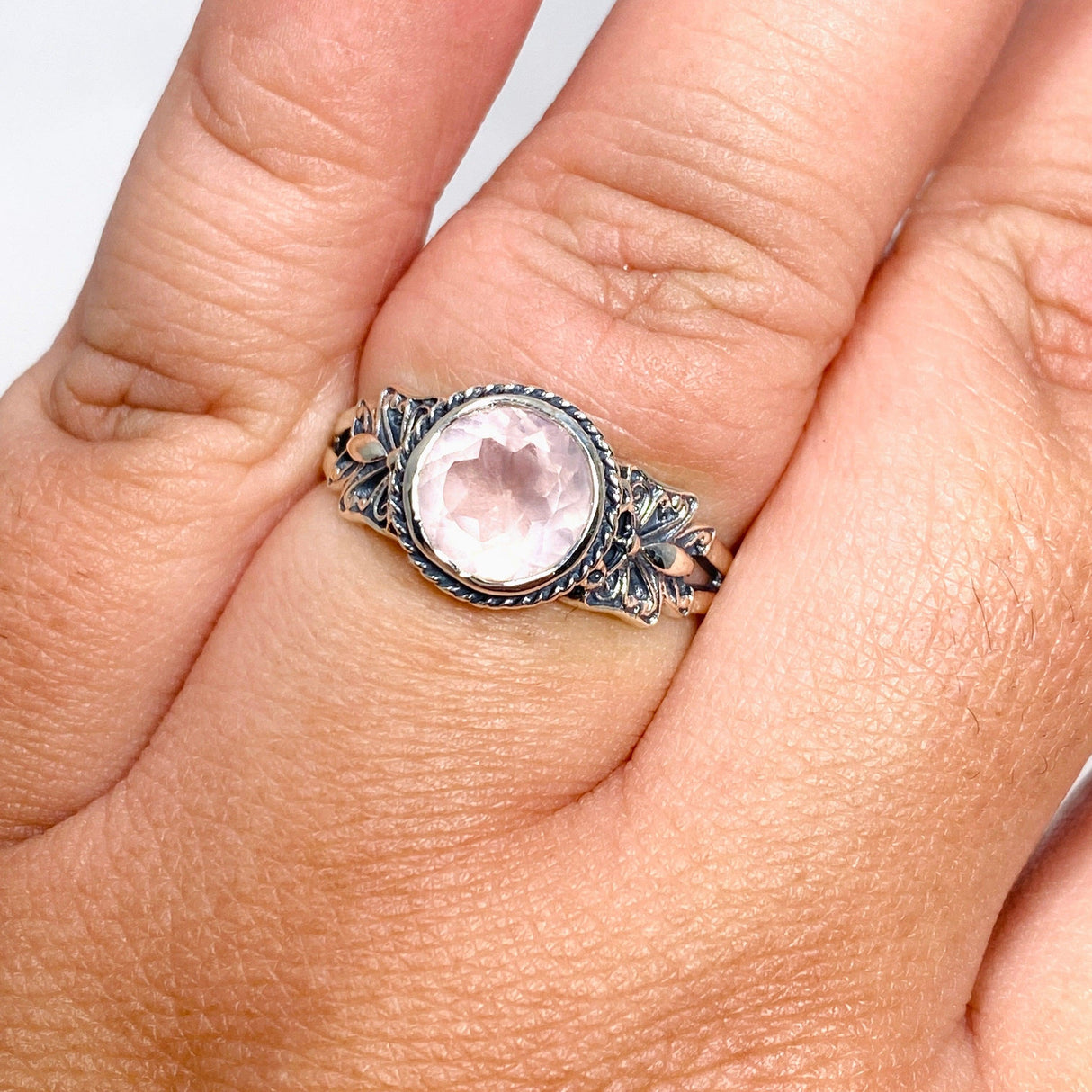 Rose Quartz Faceted Round Ring in a Decorative Setting R3671 - Nature's Magick