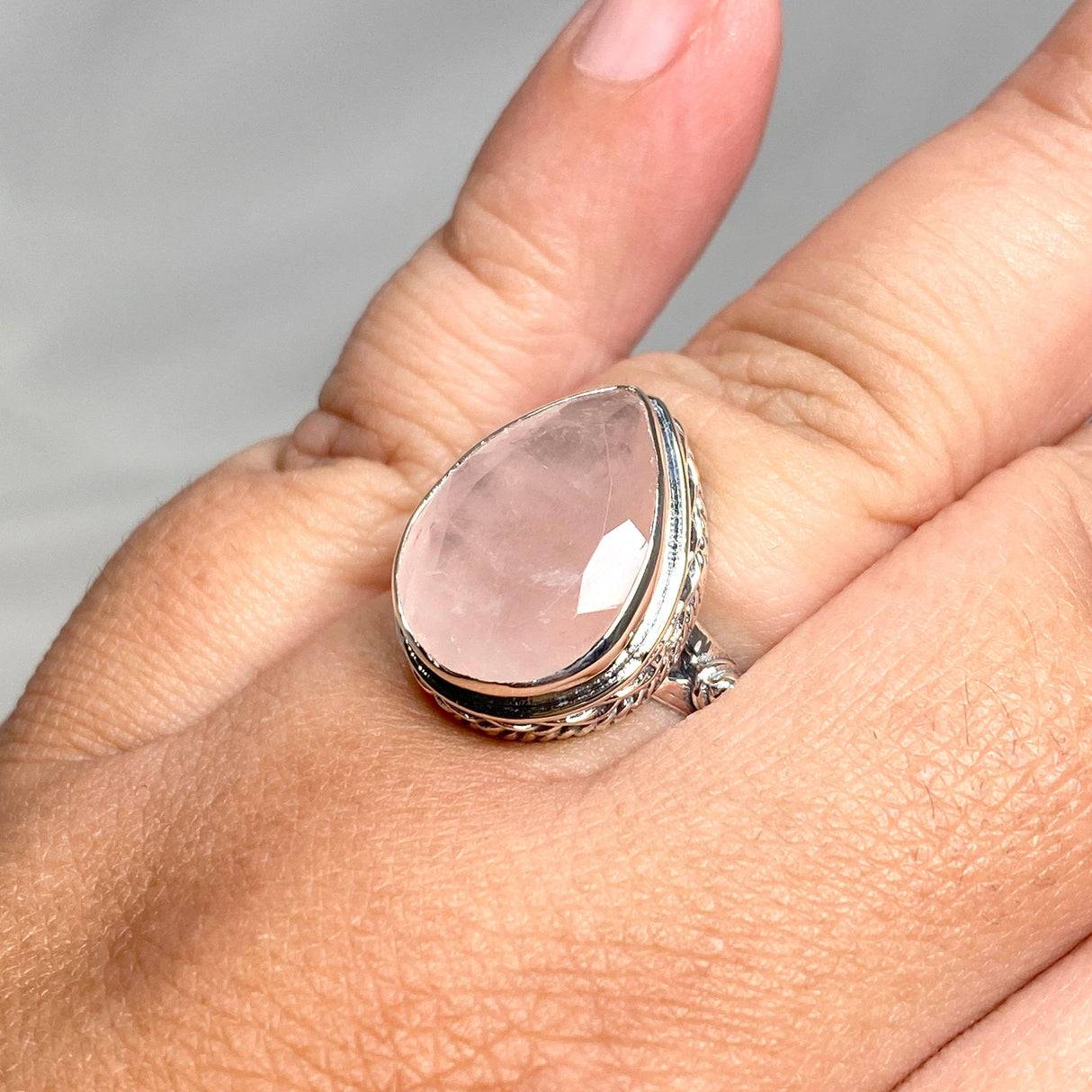 Rose Quartz Faceted Teardrop Ring in a Decorative Setting R3817 - Nature's Magick