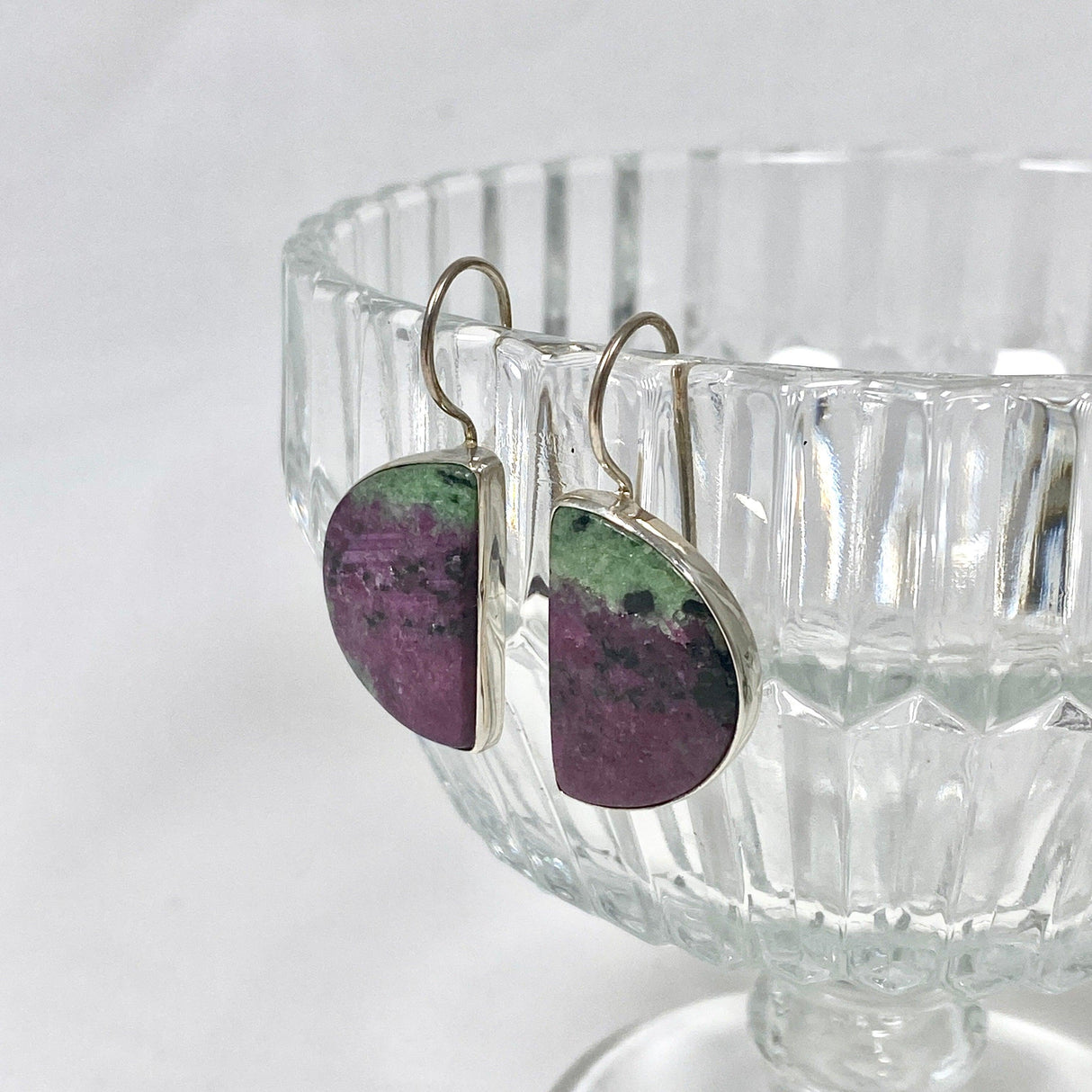 Ruby in Zoisite fixed hook half moon earrings KEGJ1118 - Nature's Magick