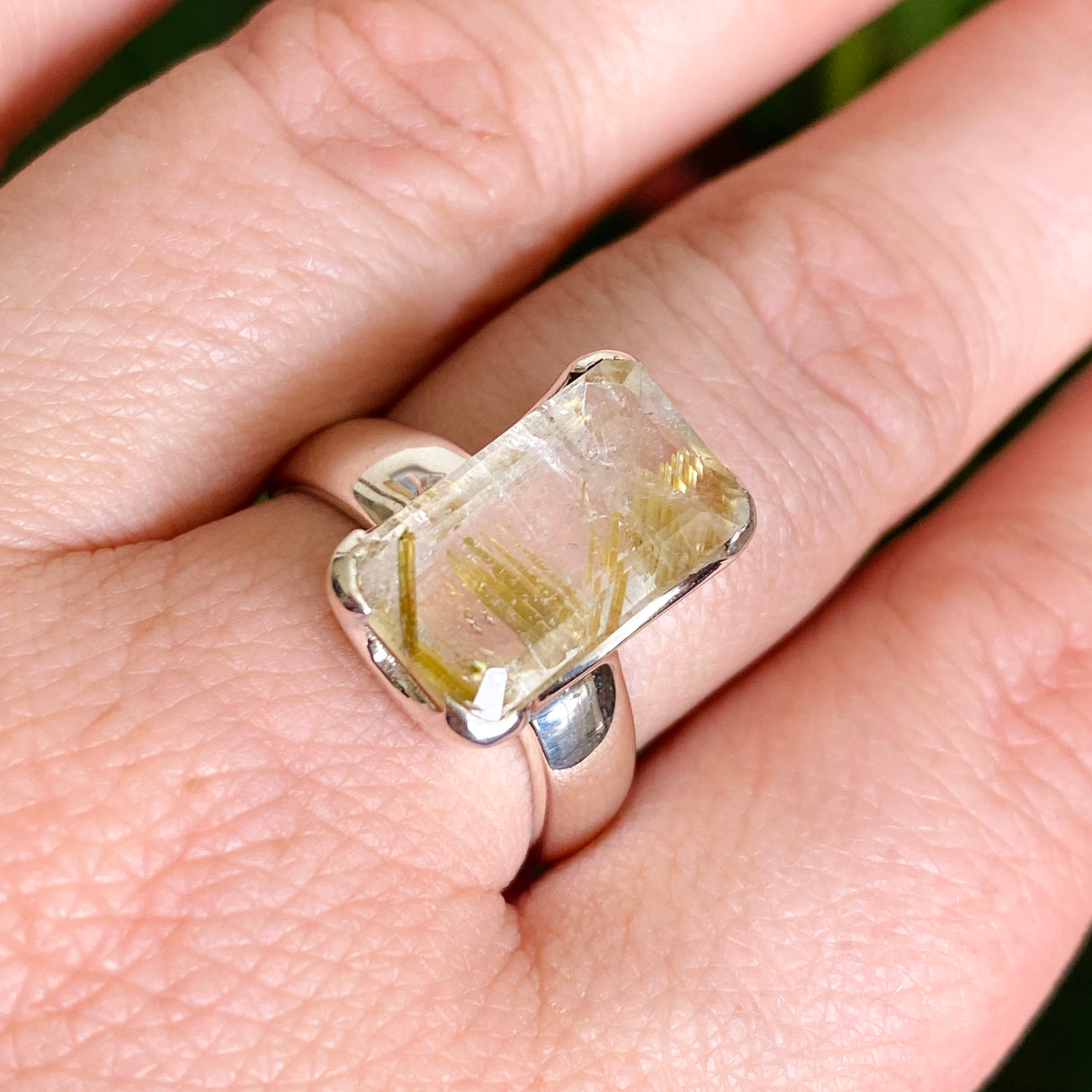 Rutilated Quartz Rectangular Faceted Ring Size 8 PRGJ606