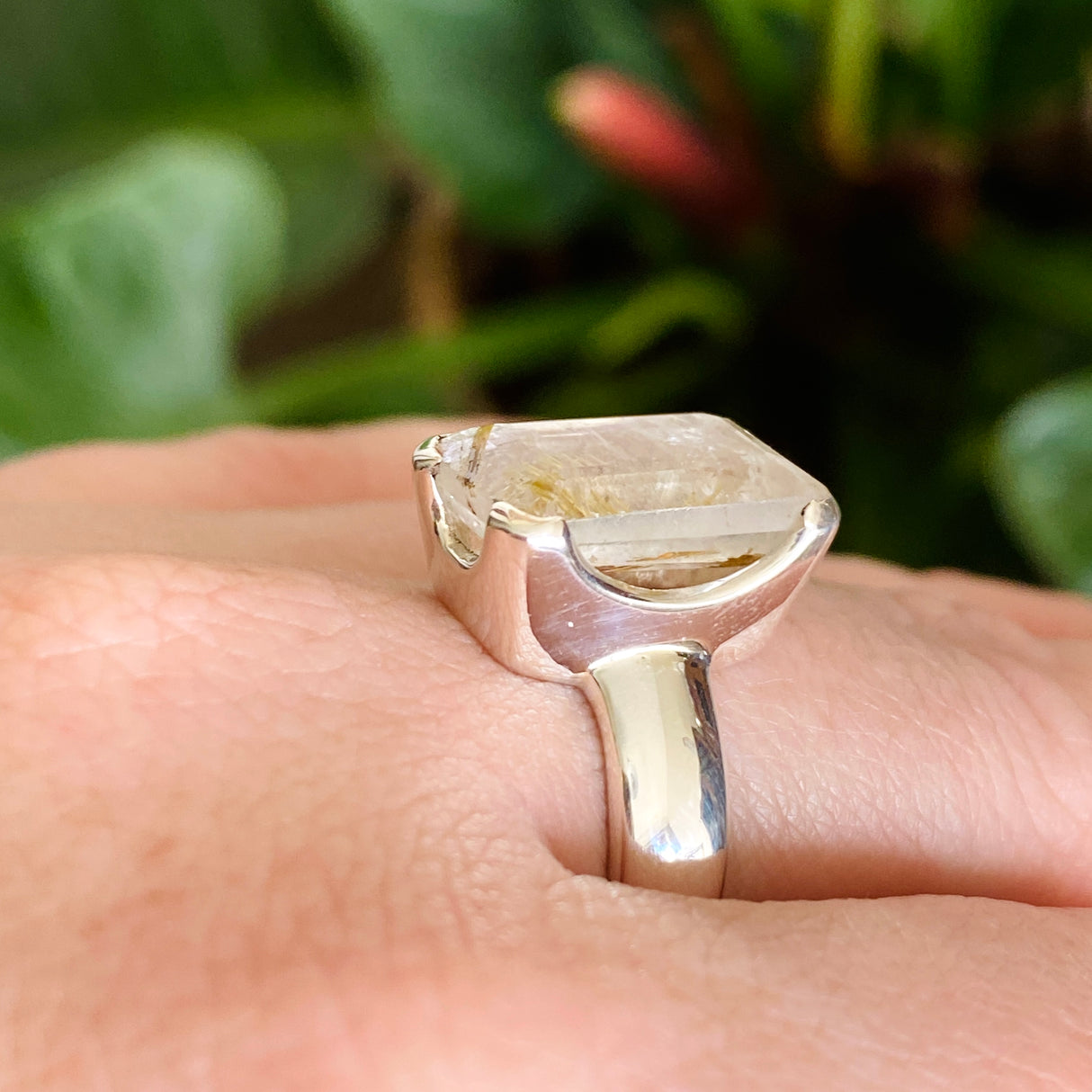 Rutilated Quartz Rectangular Faceted Ring Size 8 PRGJ606