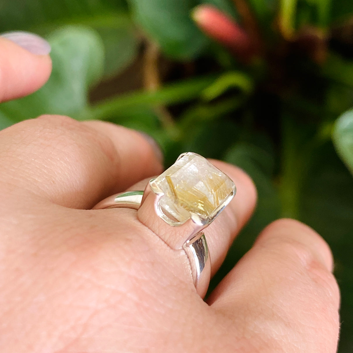 Rutilated Quartz Rectangular Faceted Ring Size 8 PRGJ606