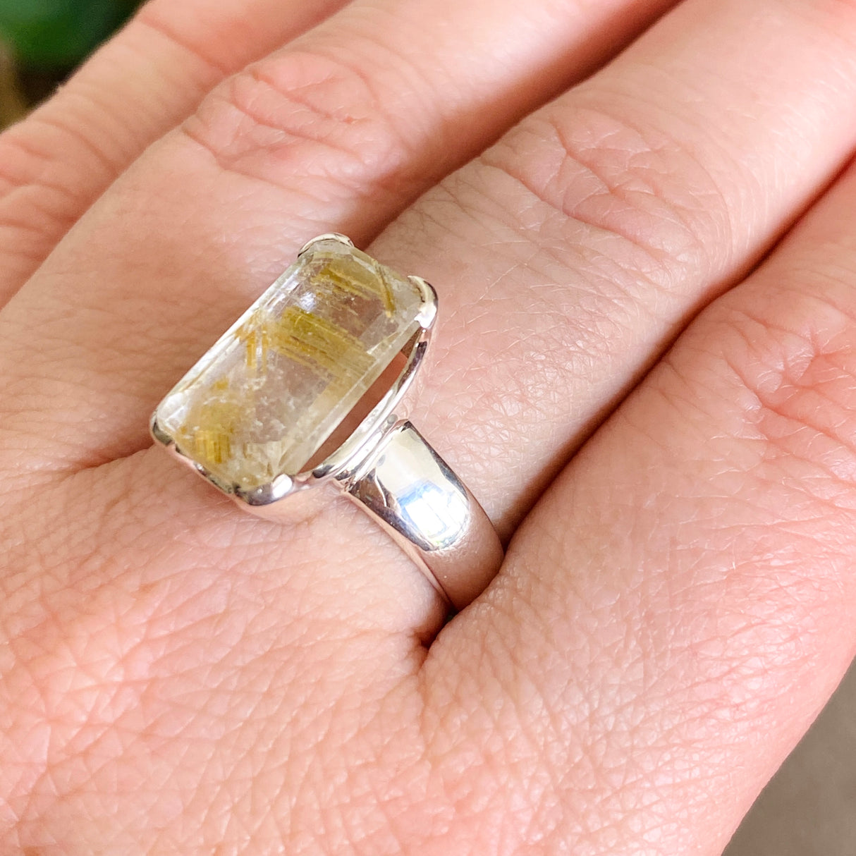 Rutilated Quartz Rectangular Faceted Ring Size 8 PRGJ606