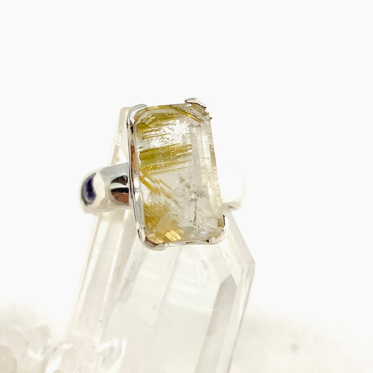 Rutilated Quartz Rectangular Faceted Ring Size 8 PRGJ606