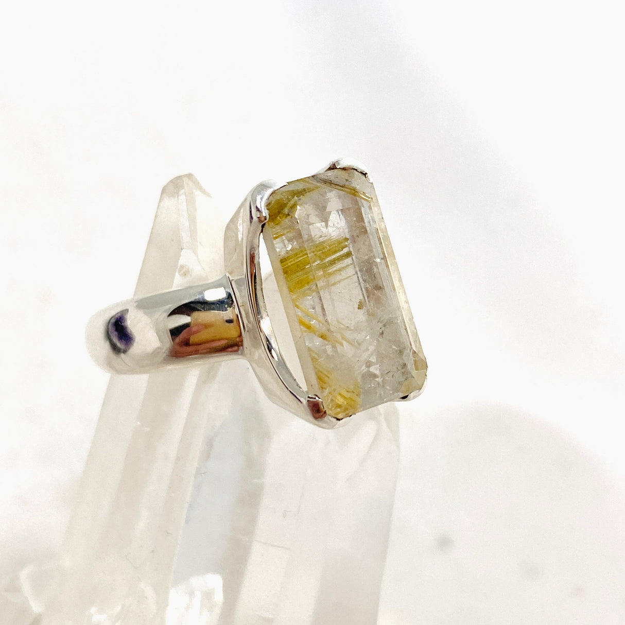 Rutilated Quartz Rectangular Faceted Ring Size 8 PRGJ606