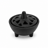 Small cast iron cauldron with decorative cutwork lid, 8cm