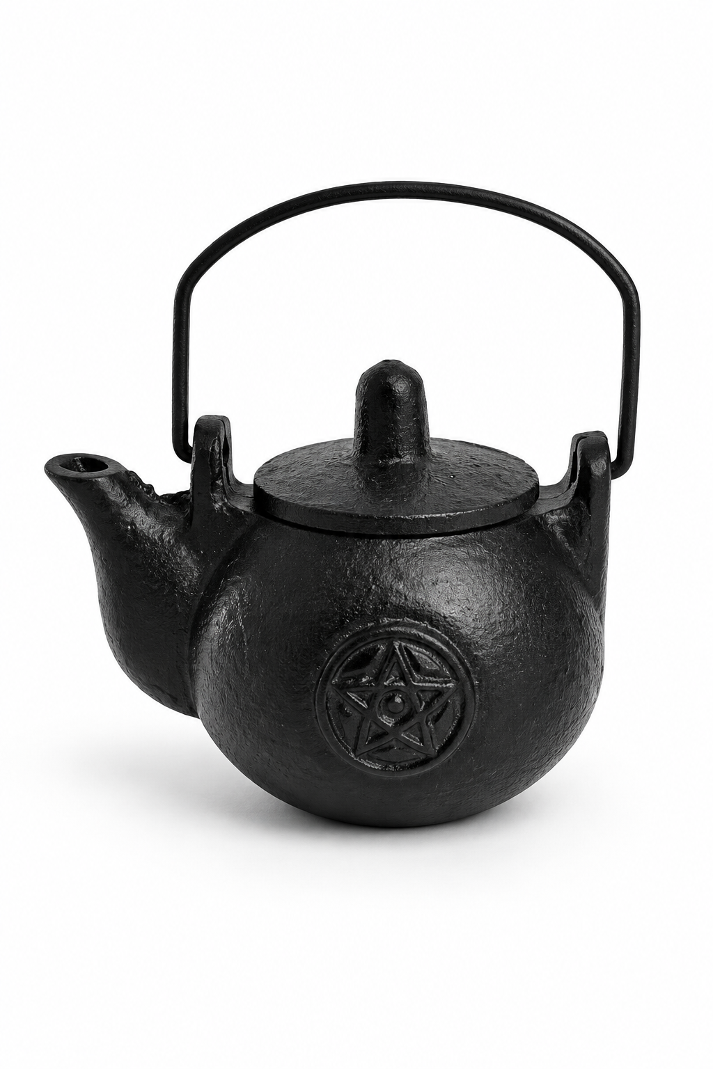Small cast iron kettle cauldron with lid and pentagram design, 8cm
