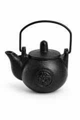 Small cast iron kettle cauldron with lid and pentagram design, 8cm