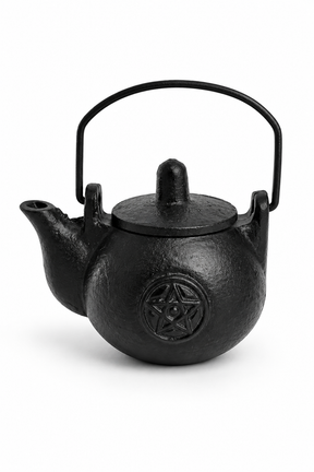 Small cast iron kettle cauldron with lid and pentagram design, 8cm