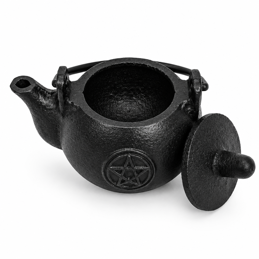 Small cast iron kettle cauldron with lid and pentagram design, 8cm