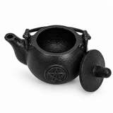 Small cast iron kettle cauldron with lid and pentagram design, 8cm