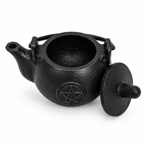 Small cast iron kettle cauldron with lid and pentagram design, 8cm