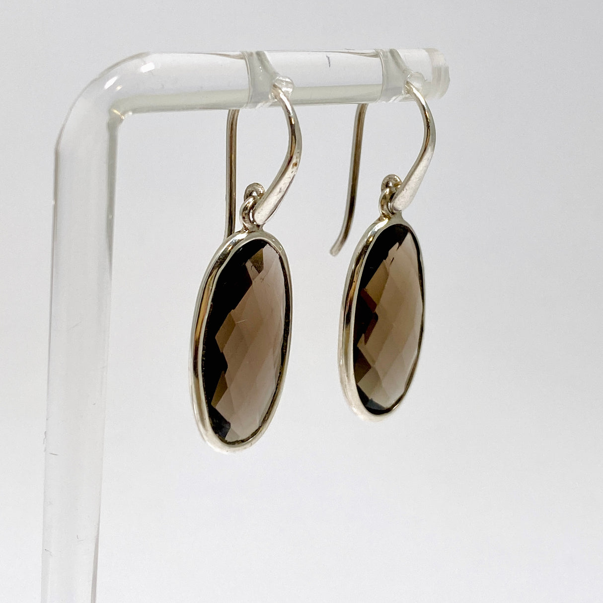 Smokey Quartz Oval Checkerboard Faceted Earrings PEGJ411