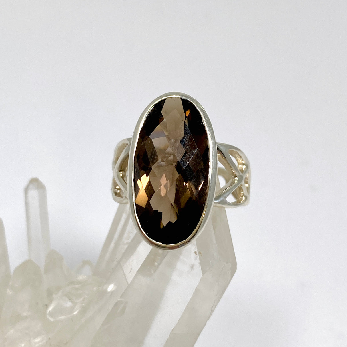 Smokey Quartz Oval Faceted Ring Size 8 in a Decorative Settings PRGJ1037