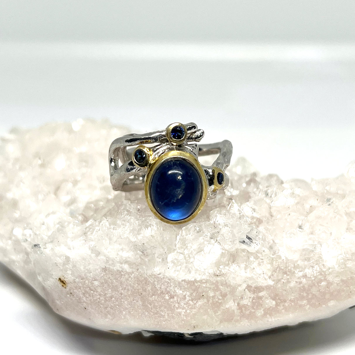 Spectrolite & Sapphire with 18ct Gold plate ring Size 7.5 GRA730