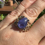 Tanzanite teardrop cabochon with Sapphire and 18ct Gold plate ring Size 7 GRA950