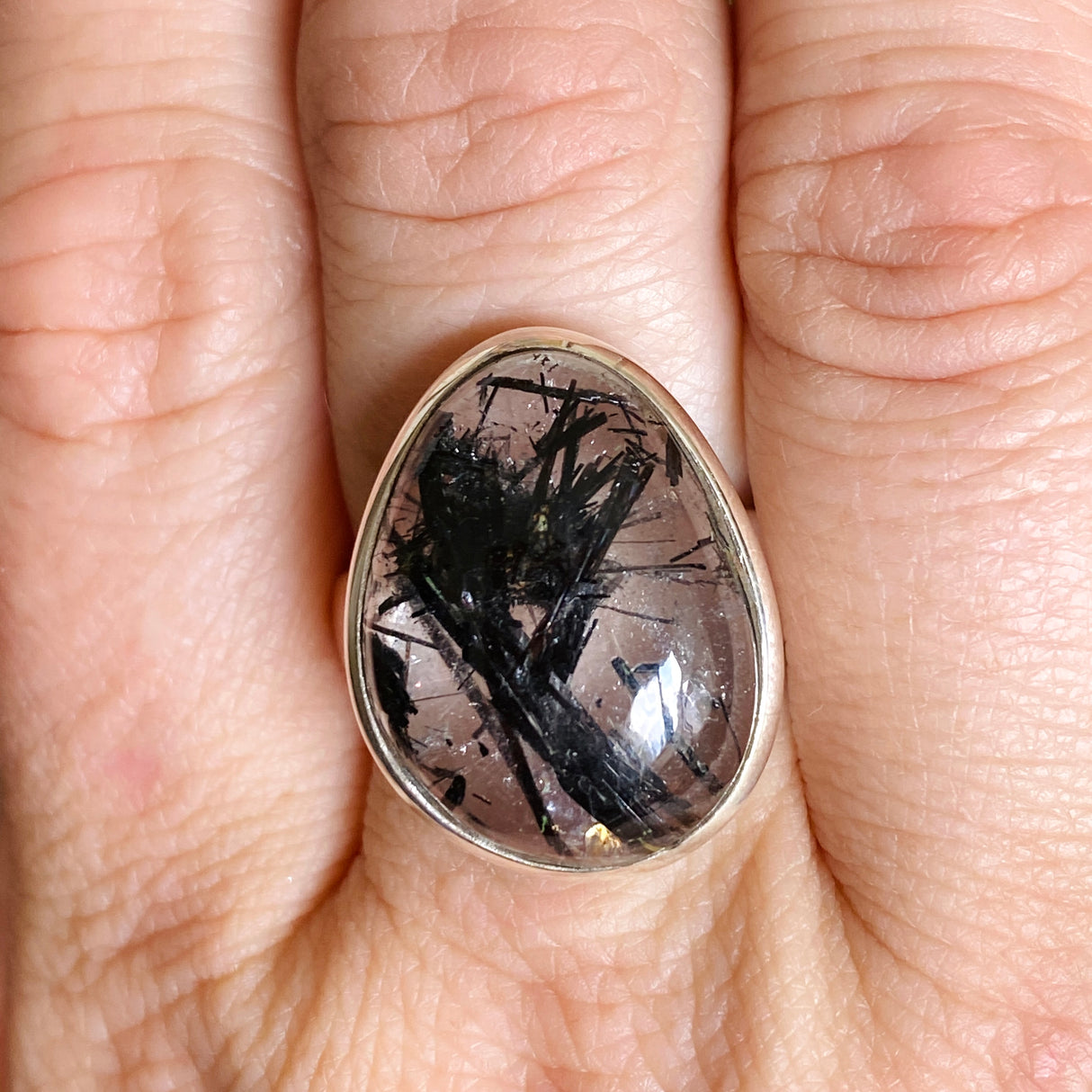 Tourmalinated Quartz Freeform Cabochon Ring Size 9.5 PRGJ582