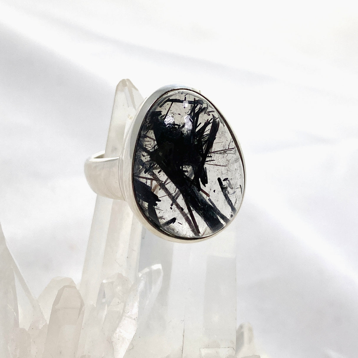 Tourmalinated Quartz Freeform Cabochon Ring Size 9.5 PRGJ582