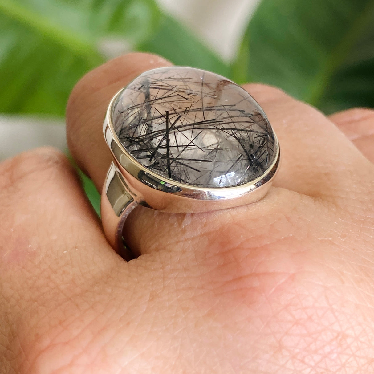 Tourmalinated Quartz Oval Cabochon Ring Size 10 PRGJ578