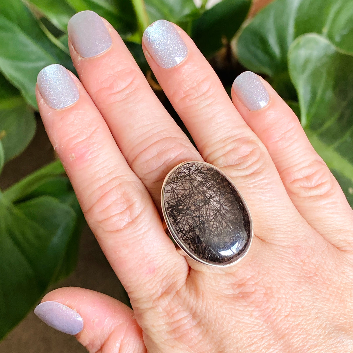 Tourmalinated Quartz Oval Cabochon Ring Size 9.5 PRGJ579