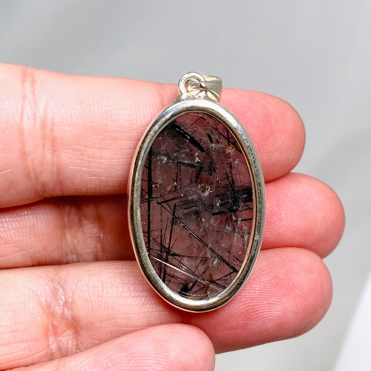 Tourmalinated Quartz Oval Pendant in a Hammered Setting KPGJ4394 - Nature's Magick