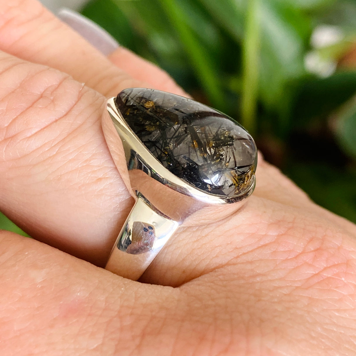 Tourmalinated Quartz Teardrop Cabochon Ring Size 10 PRGJ581