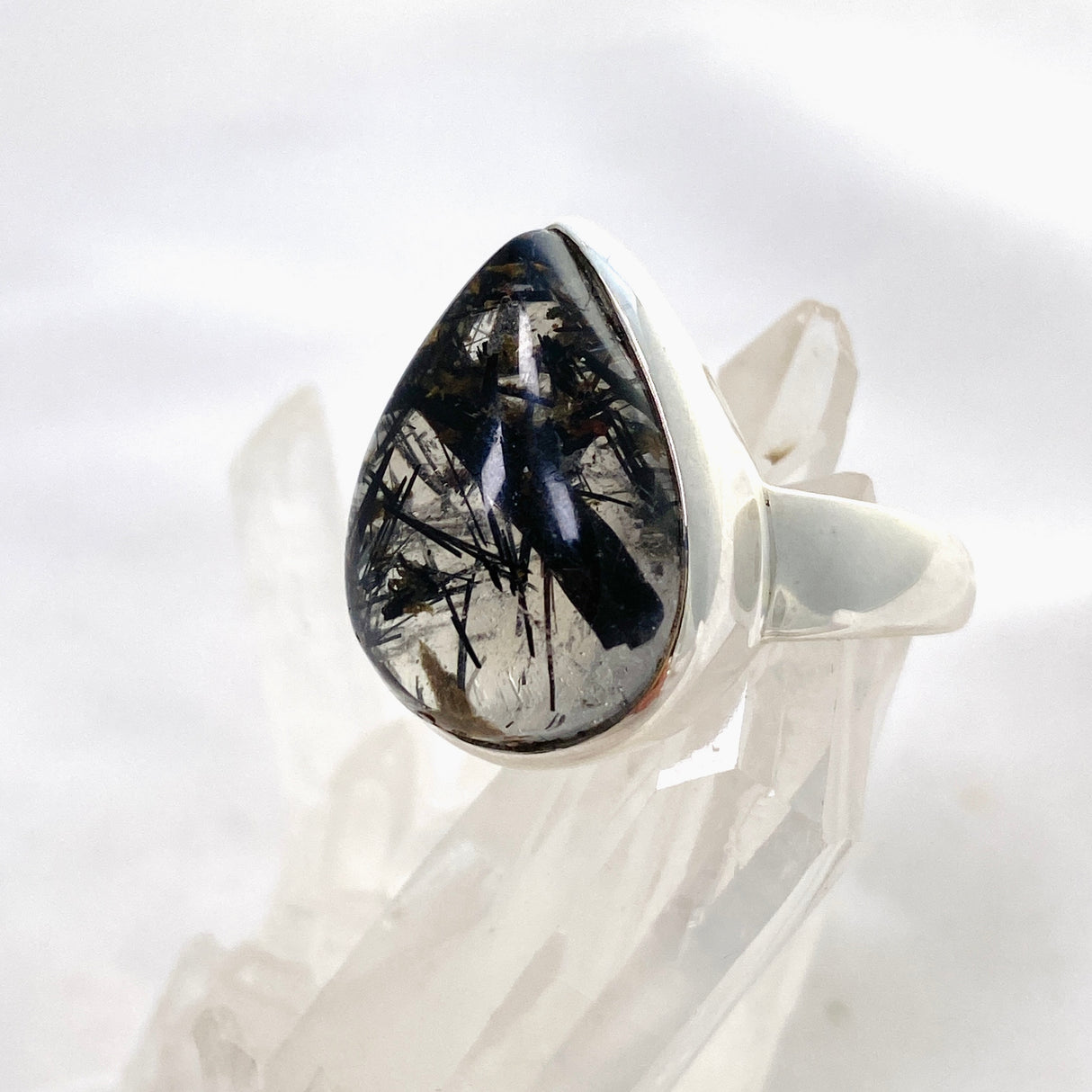 Tourmalinated Quartz Teardrop Cabochon Ring Size 10 PRGJ581