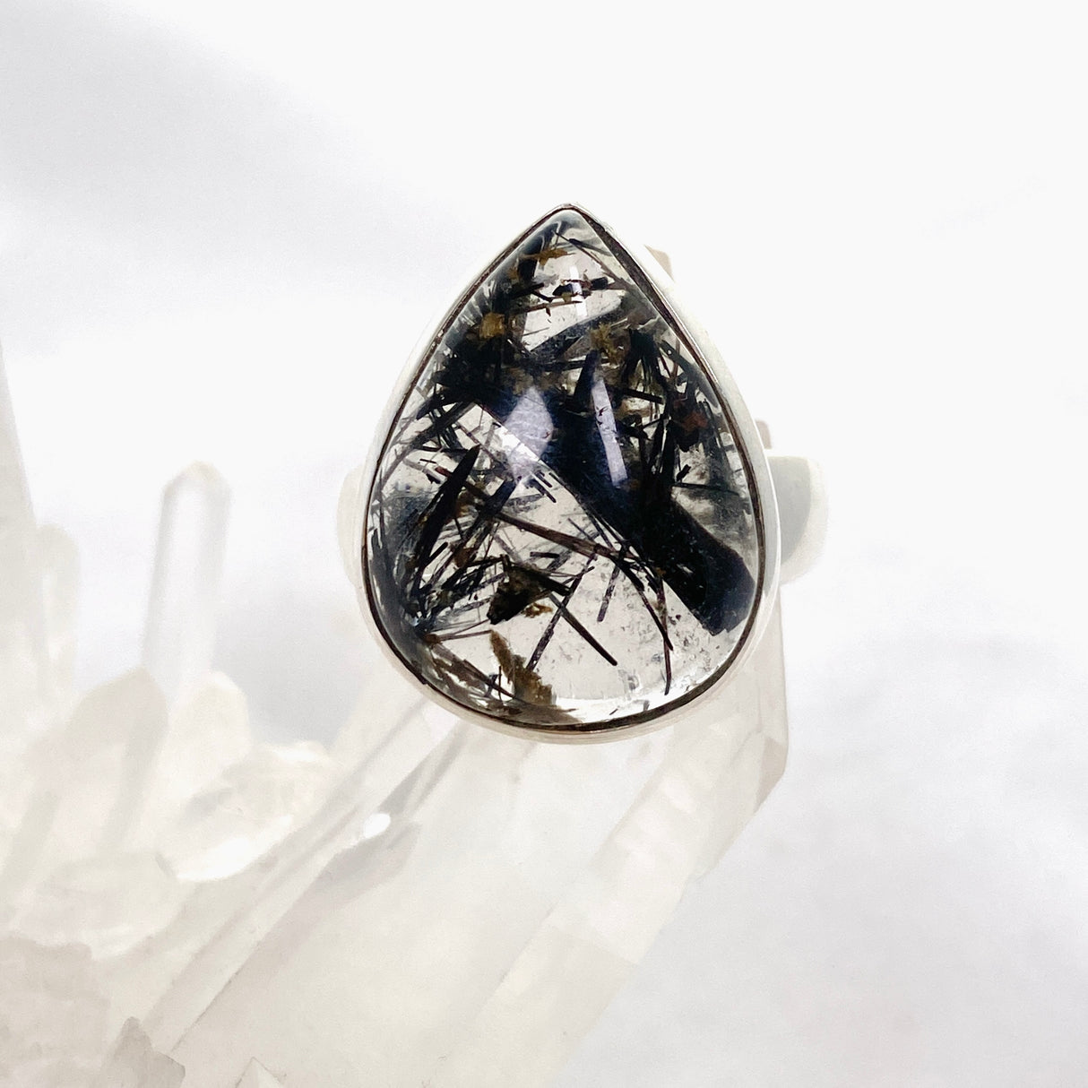 Tourmalinated Quartz Teardrop Cabochon Ring Size 10 PRGJ581