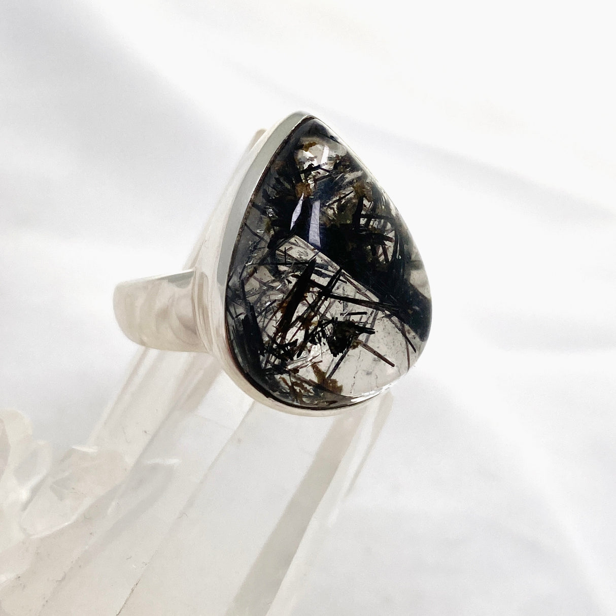 Tourmalinated Quartz Teardrop Cabochon Ring Size 10 PRGJ581