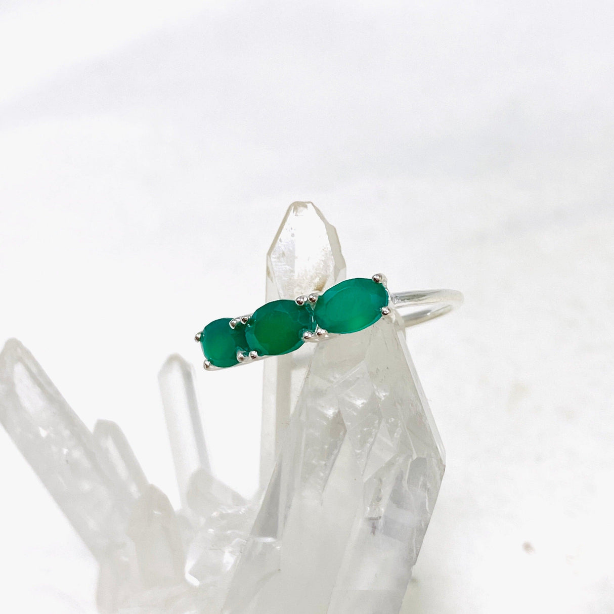 Triple Stone Faceted Ring Green Onyx R4226 - Nature's Magick