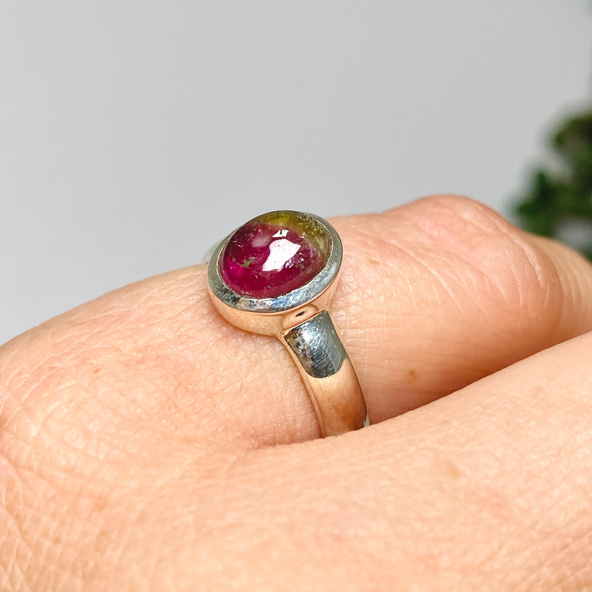 Watermelon Tourmaline Oval Cabochon Ring Size 5.5 PRGJ740